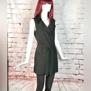 MAX STUDIO Pinstripe belted Twill Drape Vest Dress NWT Black & Grey XS Runs big
